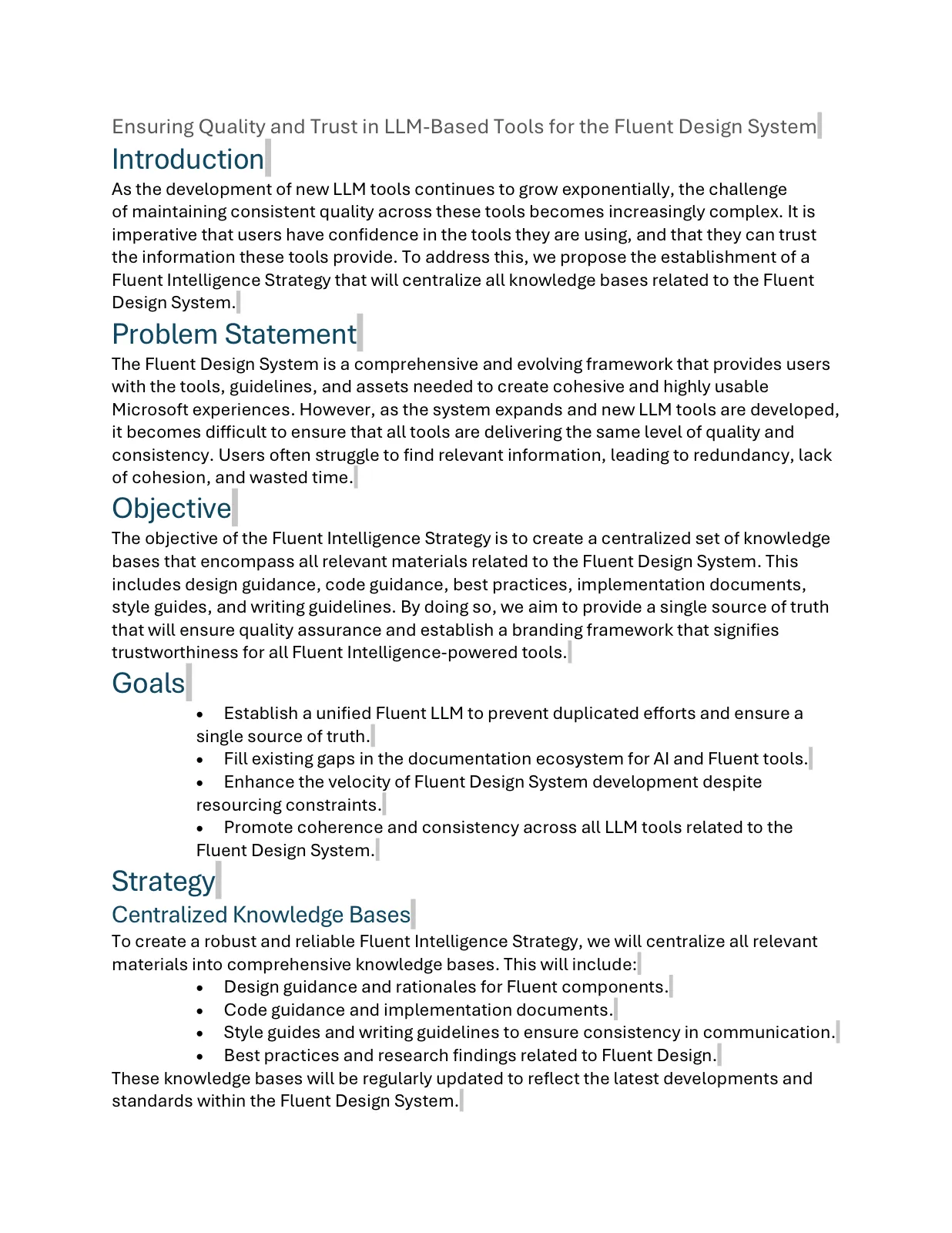 First page of the Fluent Intelligence Strategy doc, titled "Ensuring Quality and Trust in LLM-Based Tools for the Fluent Design System." The internal proposal that named the principle and seeded the multi-layer architecture.
