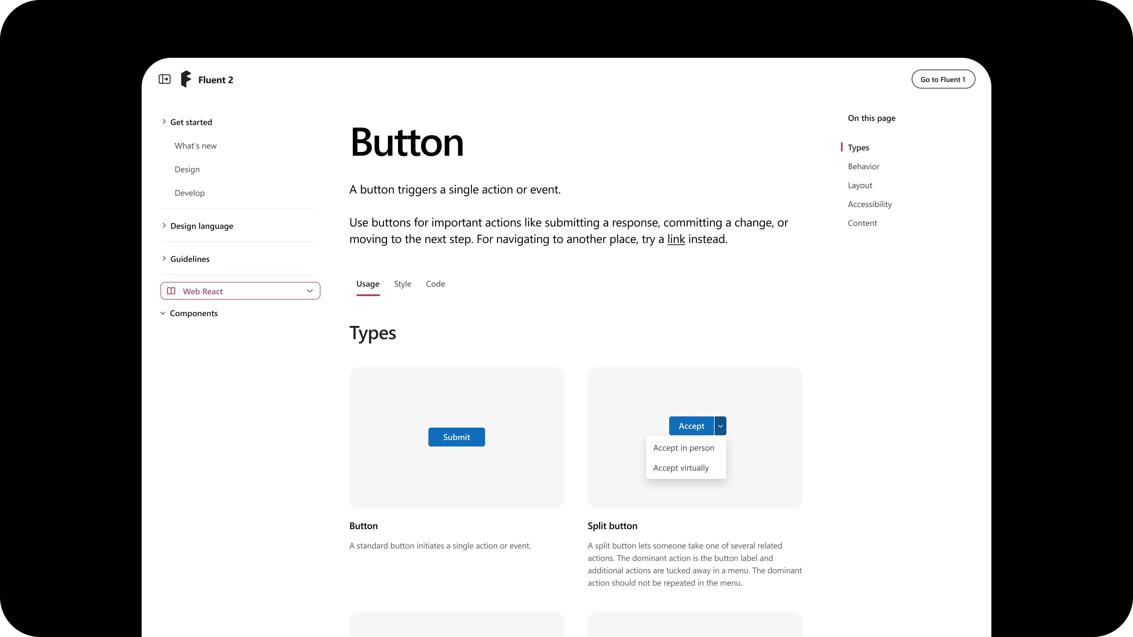 Live Fluent 2 documentation site Button page rendered with the taxonomy in production