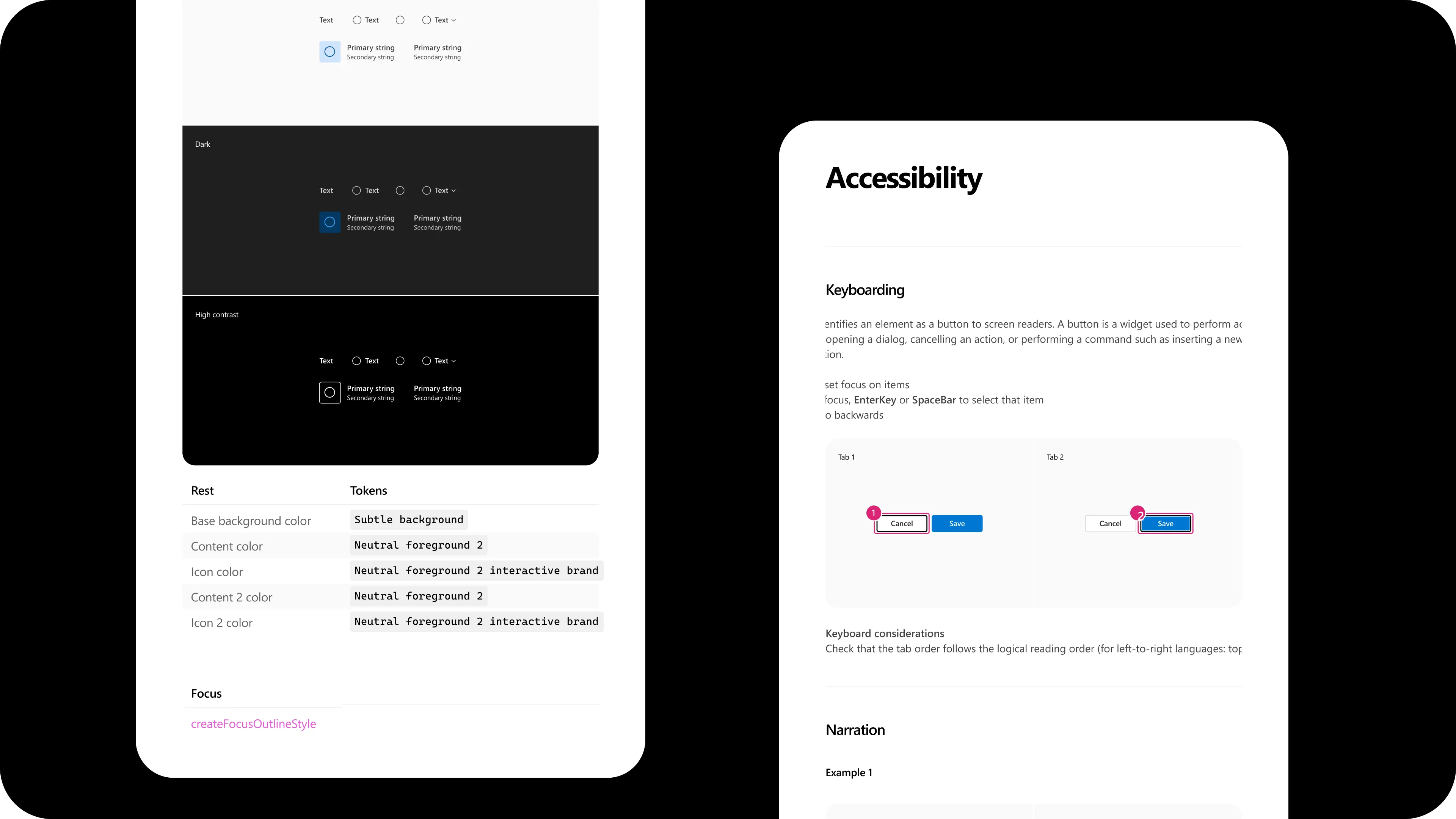 Raw material from the information archeology phase: tokens, accessibility specs, keyboarding rules, Narrator strings, and other artifacts from the existing documentation landscape