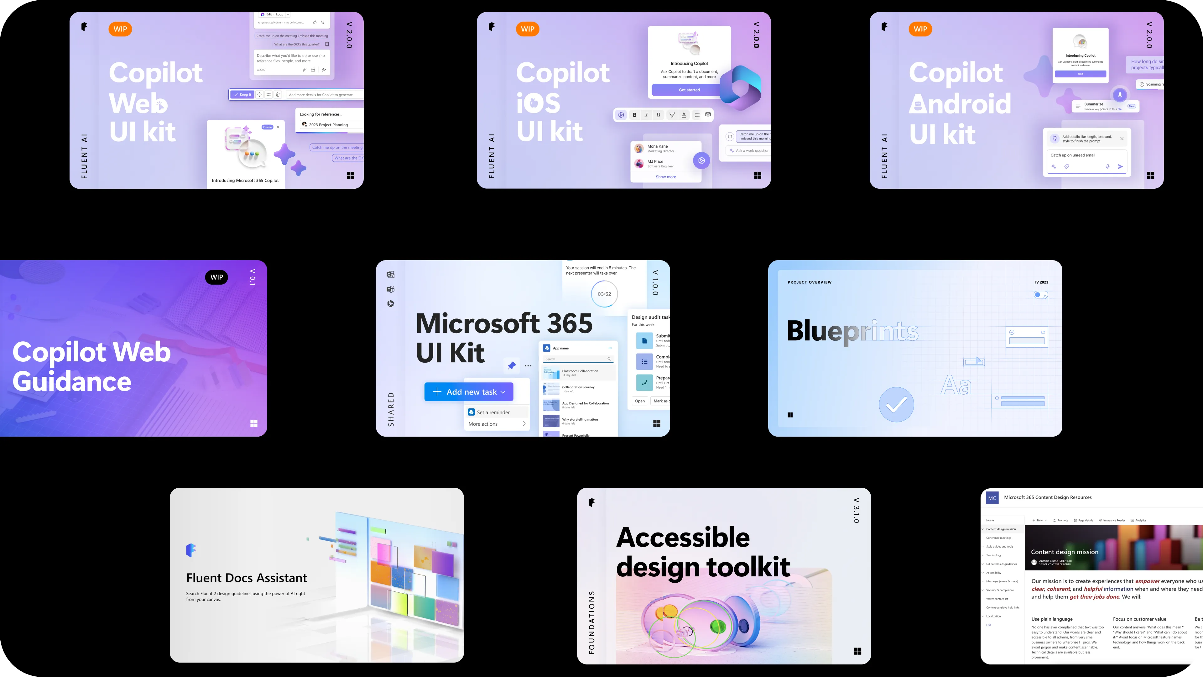 Blueprints program inventory: shared, Microsoft 365 UI Kit, Copilot Web Guidance, Fluent AI