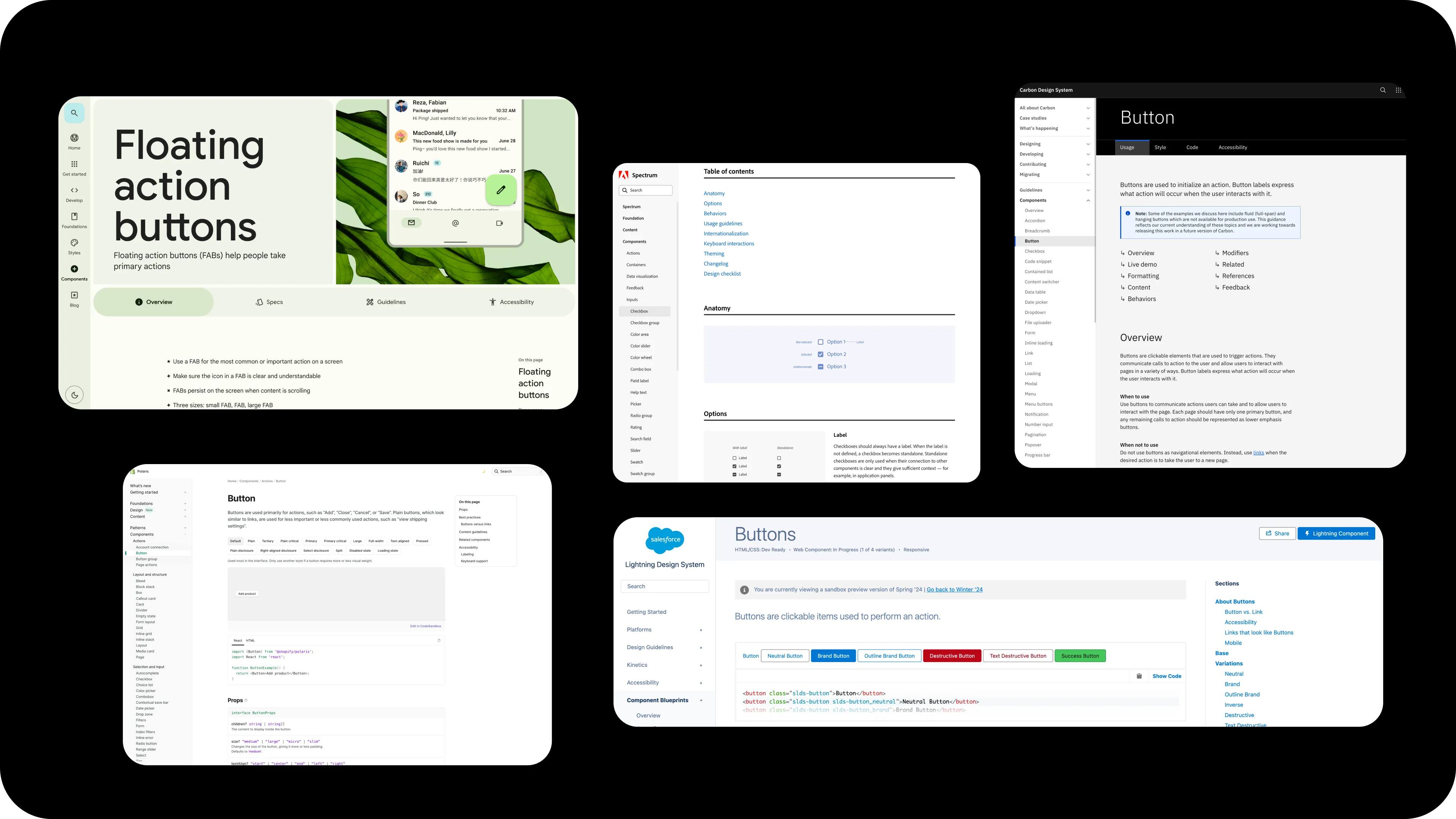 Composite of industry design system documentation: Spectrum, Polaris, Lightning Design System, and Material
