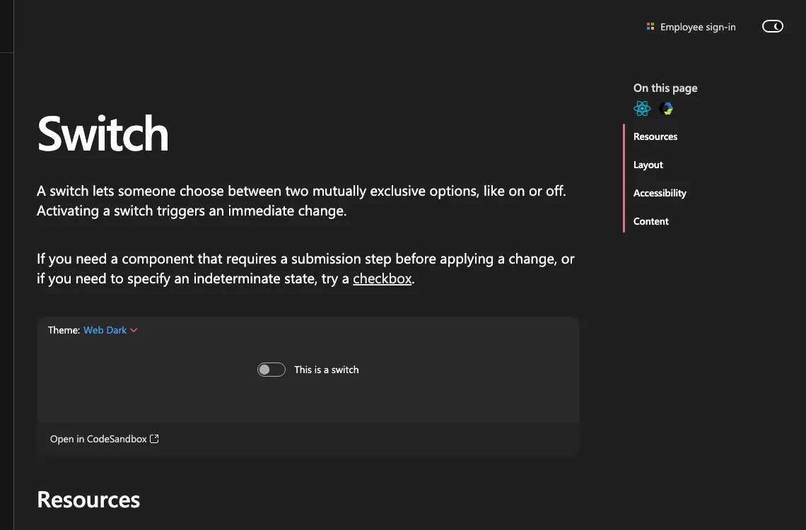 Live Switch component page on fluent2.microsoft.design showing the streamlined IA: Overview names checkbox as the alternative, and the on-this-page TOC lists only Resources, Layout, Accessibility, and Content with no Types or Behavior section