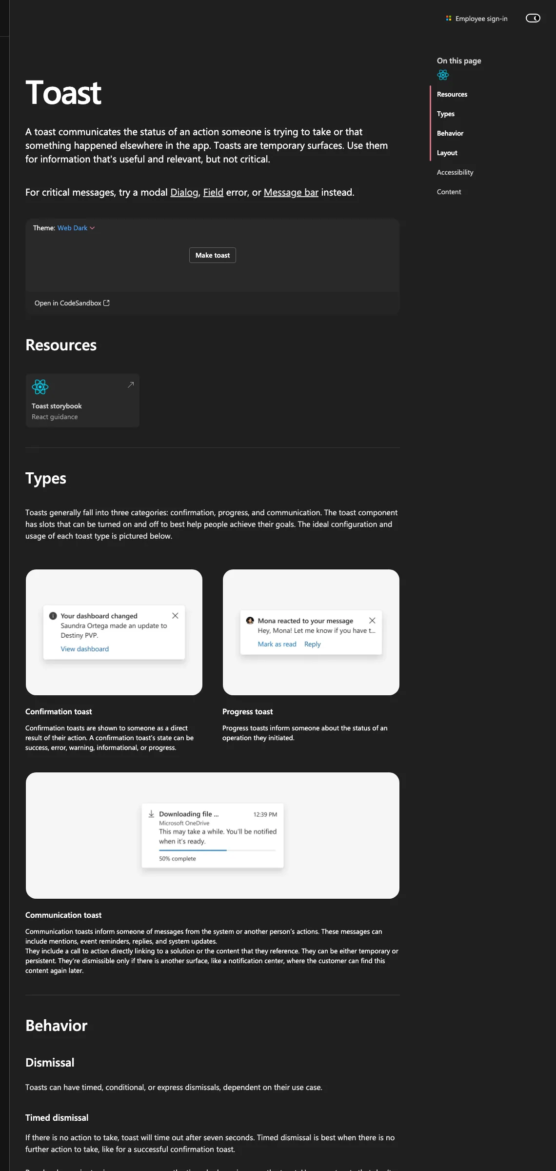 Live Toast component page on fluent2.microsoft.design showing the full IA: Overview names three alternatives, then Types (Confirmation, Progress, Communication toasts), Behavior (multiple dismissal patterns), Layout, Accessibility, and Content visible in the TOC