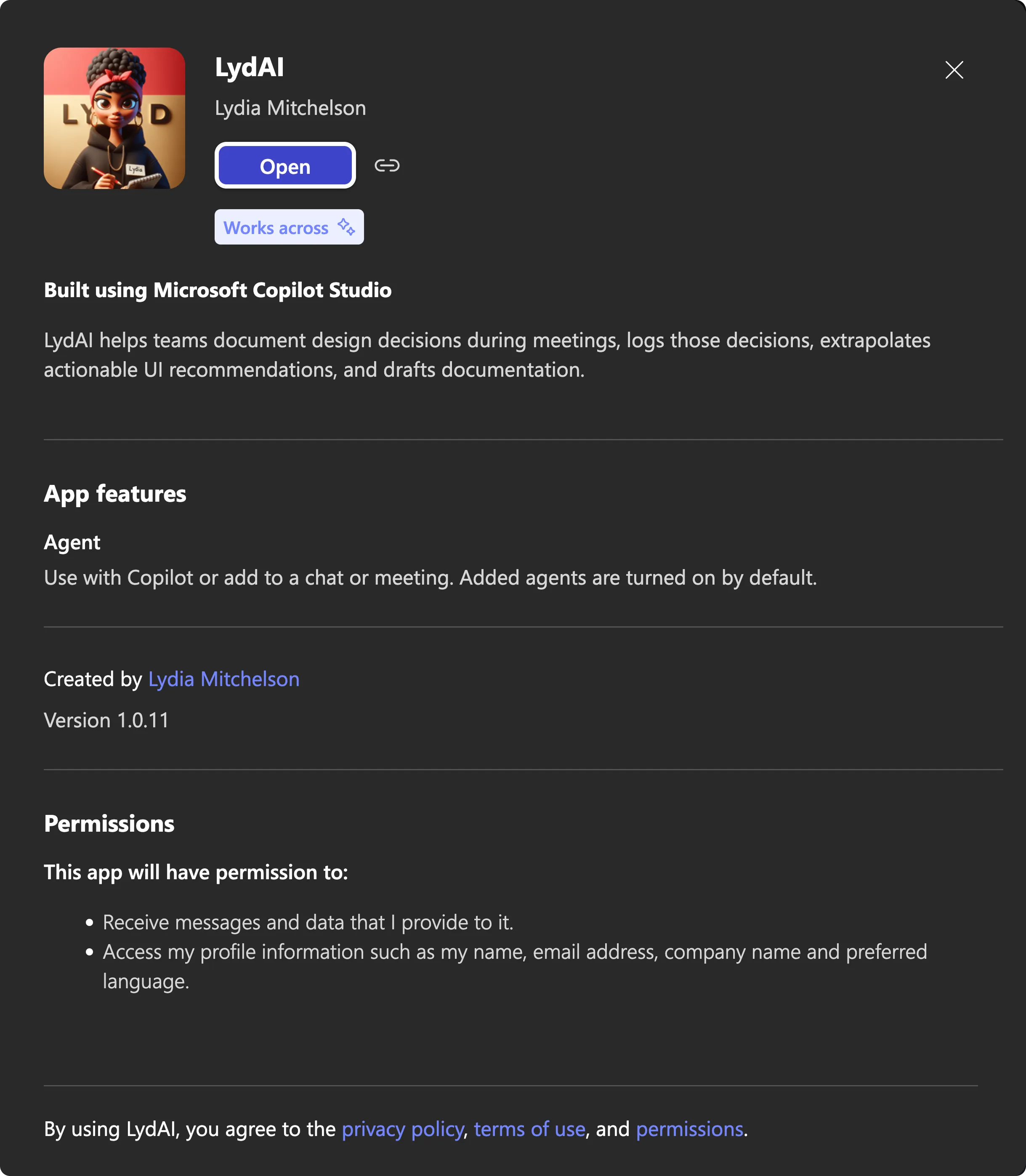 LydAI's about page in Microsoft Copilot Studio. Version 1.0.11. Description: LydAI helps teams document design decisions during meetings, logs those decisions, extrapolates actionable UI recommendations, and drafts documentation.