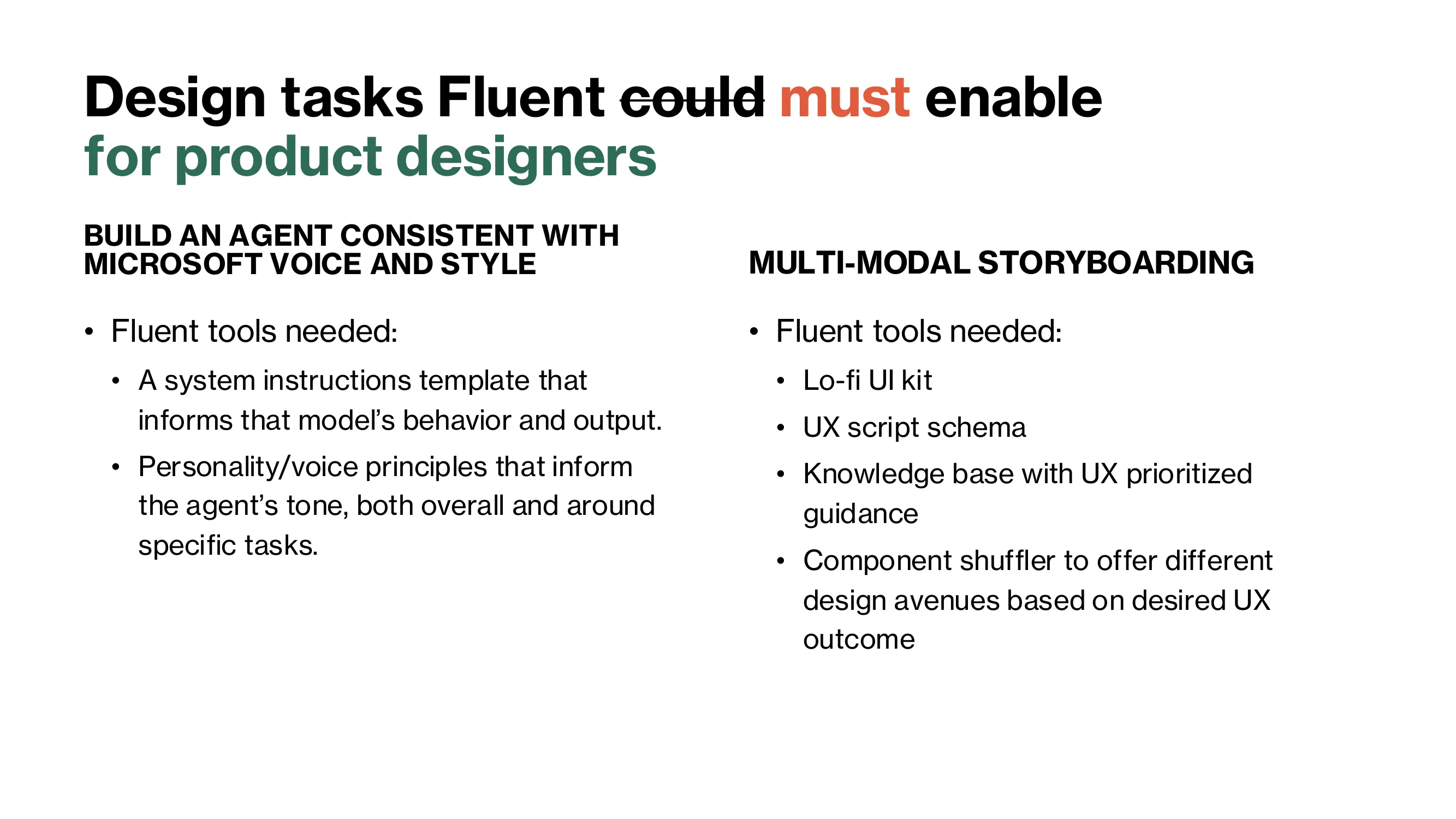 For product designers. Build an agent consistent with Microsoft voice and style, using a system instructions template that informs model behavior and output, and personality and voice principles for the agent's tone. Multi-modal storyboarding, using a lo-fi UI kit, a UX script schema, a UX-prioritized knowledge base, and a component shuffler that offers design avenues based on the desired UX outcome.
